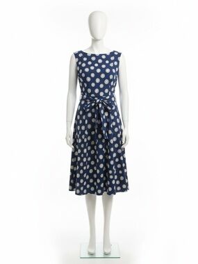 Anne Klein Navy Polka Dot Print Midi Dress with Waist Tie Length 48” Waist 48”